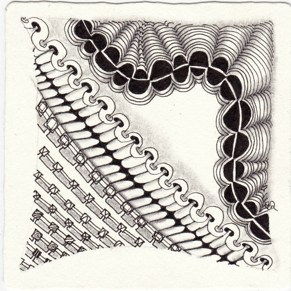 Ein Zentangle aus den Mustern Snaking, Squanection, Stitch, Tootsiemoon gezeichnet von Ela Rieger, CZT