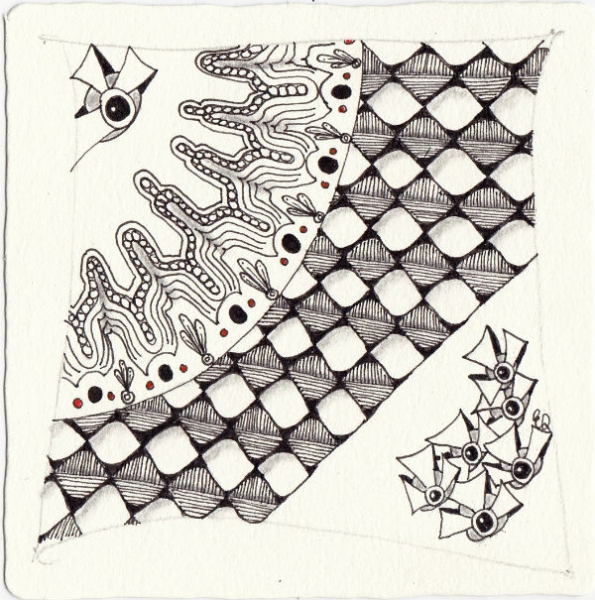Ein Zentangle aus den Mustern Atorm, Eyelet Lace, Krix-Krax, Tork gezeichnet von Ela Rieger, CZT