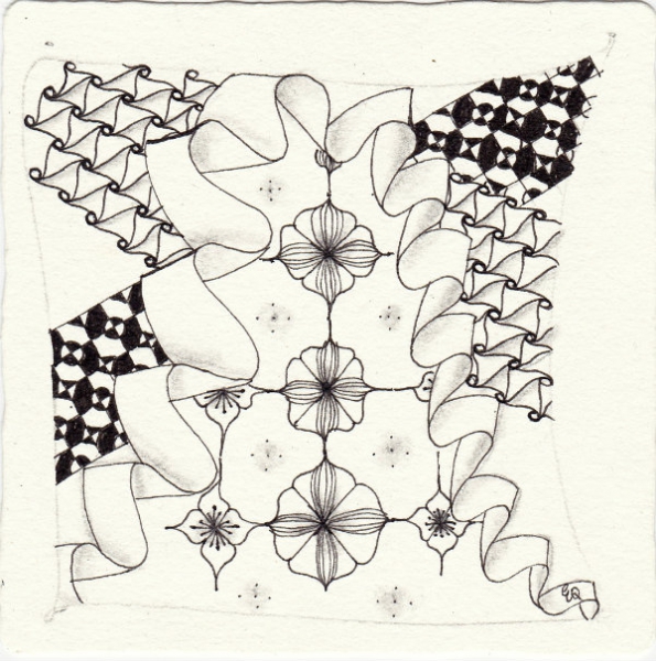 Ein Zentangle aus den Mustern Bannah, Bowties, Brax, Cadent gezeichnet von Ela Rieger, CZT