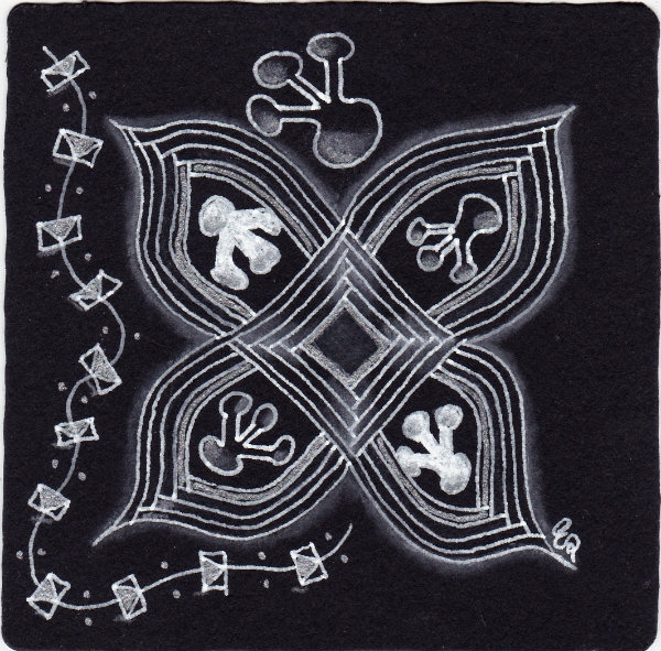 Ein Zentangle aus den Mustern 3togo, Auraknot, Boxtel,  gezeichnet von Ela Rieger, CZT