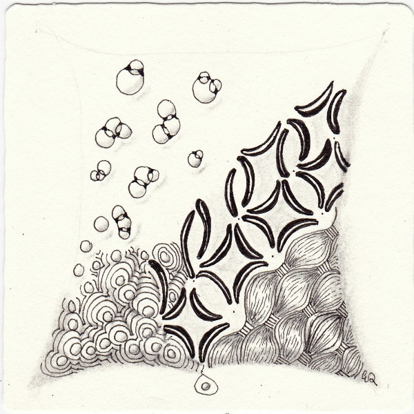 Ein Zentangle aus den Mustern Bananaland, Bask-It, Bublz, Go 4 And Multiply gezeichnet von Ela Rieger, CZT