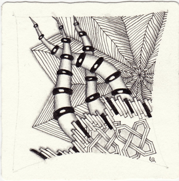 Ein Zentangle aus den Mustern Aegis, Afterglo, BB, Beadle Joos gezeichnet von Ela Rieger, CZT