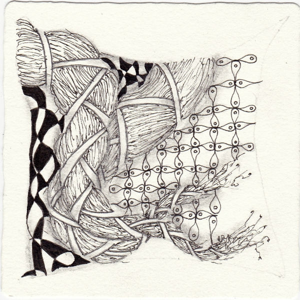 Ein Zentangle aus den Mustern Assunta, Brayd, Cracked,  gezeichnet von Ela Rieger, CZT