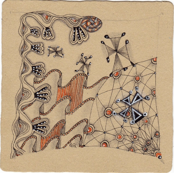 Ein Zentangle aus den Mustern Banners, Blooming Lace, Crimpster, Dot-Grid gezeichnet von Ela Rieger, CZT