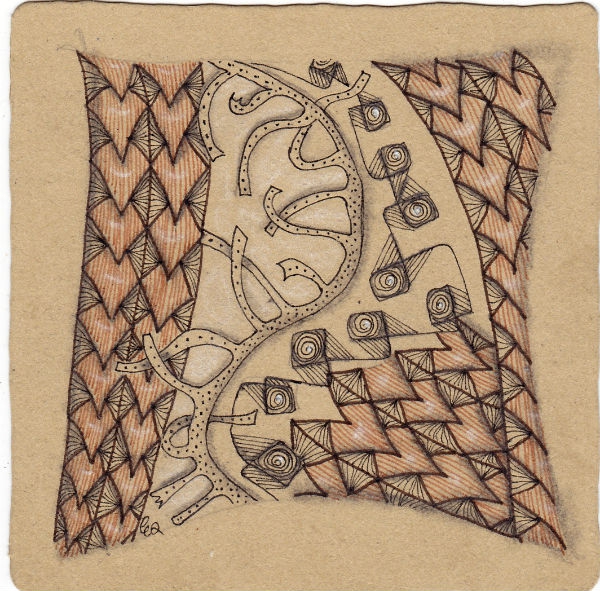 Ein Zentangle aus den Mustern Be Vee, Beamz, Bumper,  gezeichnet von Ela Rieger, CZT