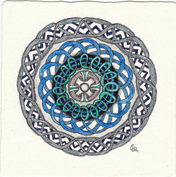 Ein Zentangle aus den Mustern Class-Ee, Cursive, Entwine, Flubber gezeichnet von Ela Rieger, CZT