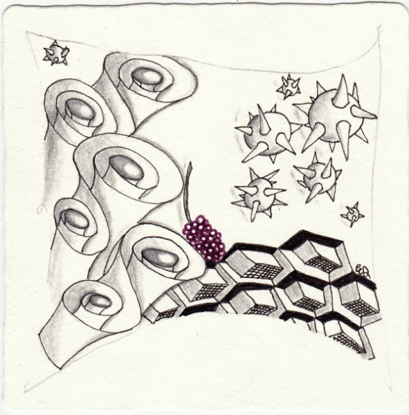 Ein Zentangle aus den Mustern Bronx Cheer, Cartoosh, Crobe, Cubz gezeichnet von Ela Rieger, CZT
