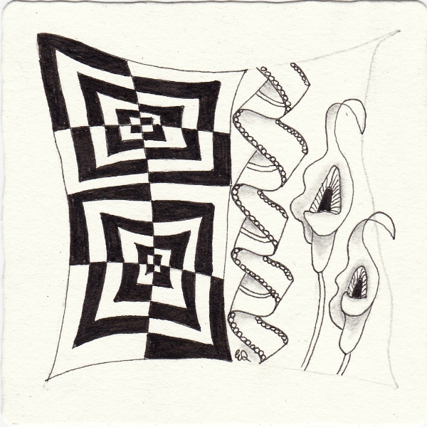Ein Zentangle aus den Mustern Beez, Easter Lily, Eye Test,  gezeichnet von Ela Rieger, CZT