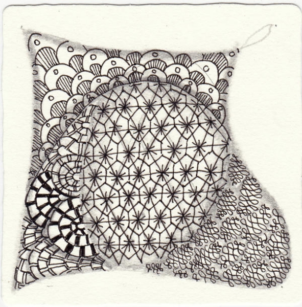 Ein Zentangle aus den Mustern 63Y, BB-Navels, Cobbles, Folha Des Padroes 2 gezeichnet von Ela Rieger, CZT