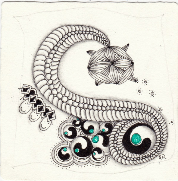 Ein Zentangle aus den Mustern Drobbles, Enshou En Grille, Flez, KQKC gezeichnet von Ela Rieger, CZT