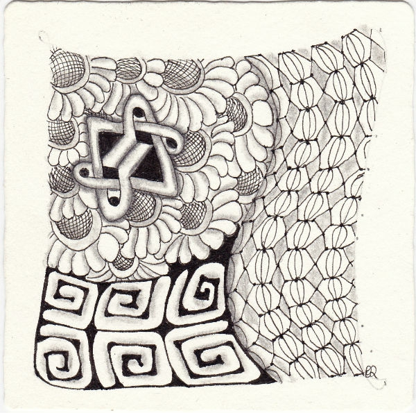 Ein Zentangle aus den Mustern Geos, Petalpanes, Tofube, Uncherys gezeichnet von Ela Rieger, CZT