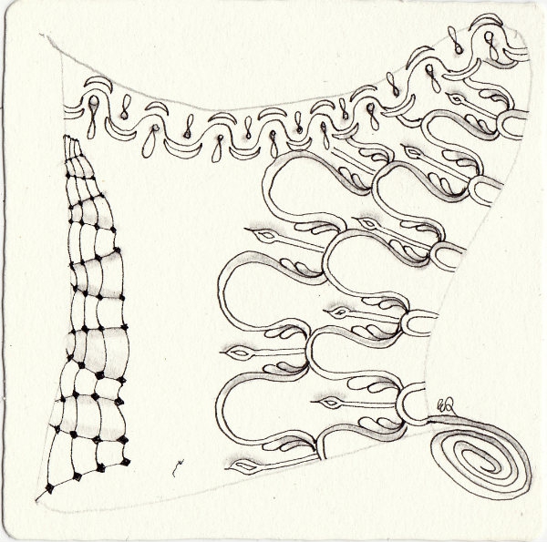 Ein Zentangle aus den Mustern Gigglevine , Riggin, Sassanian,  gezeichnet von Ela Rieger, CZT