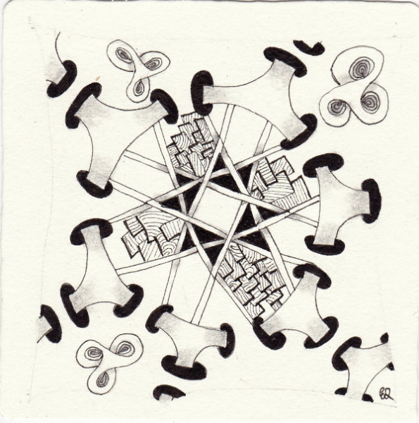Ein Zentangle aus den Mustern Me Three, Shingee, Shnek-Knot, Vorago gezeichnet von Ela Rieger, CZT