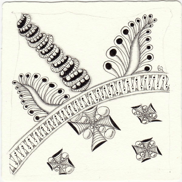 Ein Zentangle aus den Mustern Open Wide, Peacock Plant, Vectorwec, Zoadhoorn gezeichnet von Ela Rieger, CZT