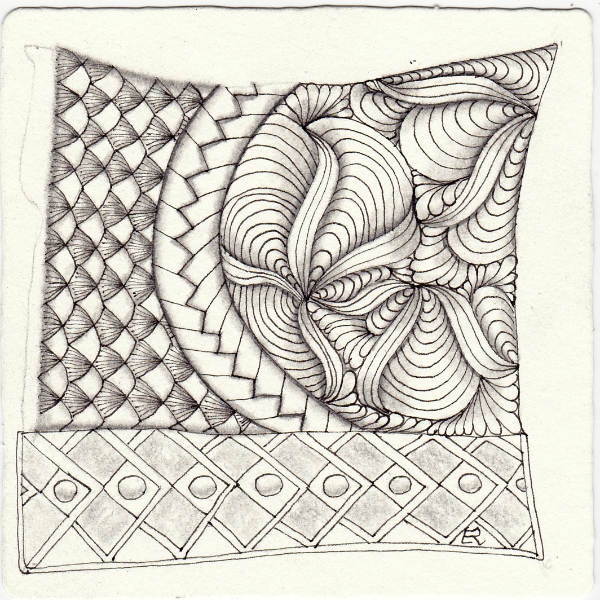 Ein Zentangle aus den Mustern Gothic, Pickets, Plait, Wyoming gezeichnet von Ela Rieger, CZT