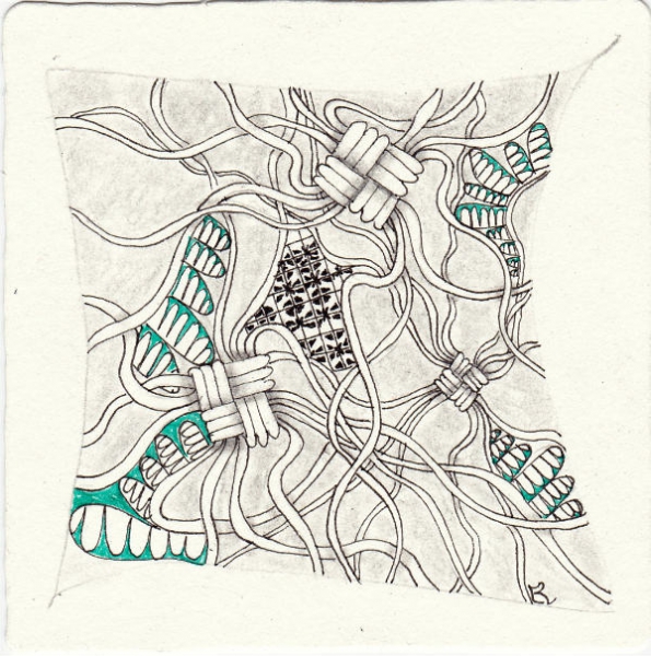 Ein Zentangle aus den Mustern Mak-Rah-Mee, Parabola, Wallbucket,  gezeichnet von Ela Rieger, CZT