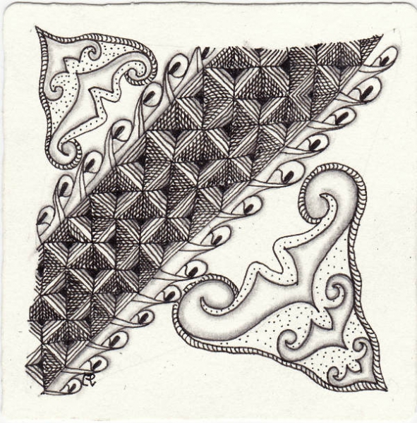 Ein Zentangle aus den Mustern Gadroon, Tami, Zantis,  gezeichnet von Ela Rieger, CZT