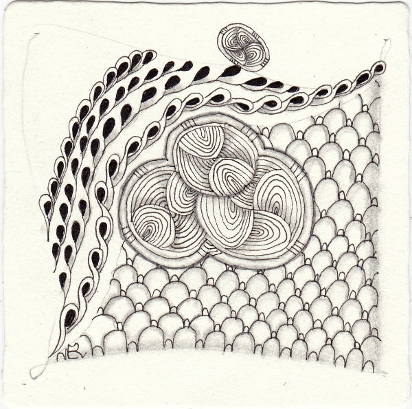Ein Zentangle aus den Mustern Intersection, Shnek, Thumbprintz, Wandw gezeichnet von Ela Rieger, CZT