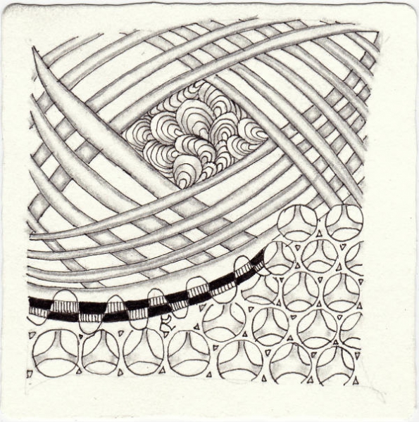 Ein Zentangle aus den Mustern Curly Border, Plum Leaf, Seta, Wirlz gezeichnet von Ela Rieger, CZT