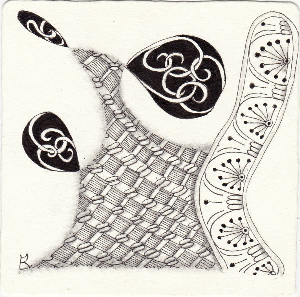 Ein Zentangle aus den Mustern Curly Clouds, Gr8, Littlefield-Ut, Moquette gezeichnet von Ela Rieger, CZT