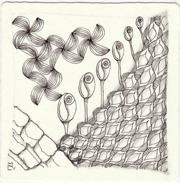 Ein Zentangle aus den Mustern Buddy, Falz, Frame Over, Stoned Walled gezeichnet von Ela Rieger, CZT