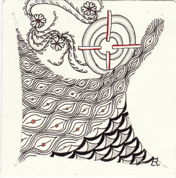 Ein Zentangle aus den Mustern Cromer, Flower Whorl, Lila, Pineapple gezeichnet von Ela Rieger, CZT