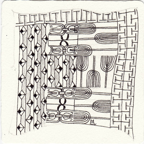Ein Zentangle aus den Mustern Choo Lips, Hue, Imperial Chair, Squaremond gezeichnet von Ela Rieger, CZT
