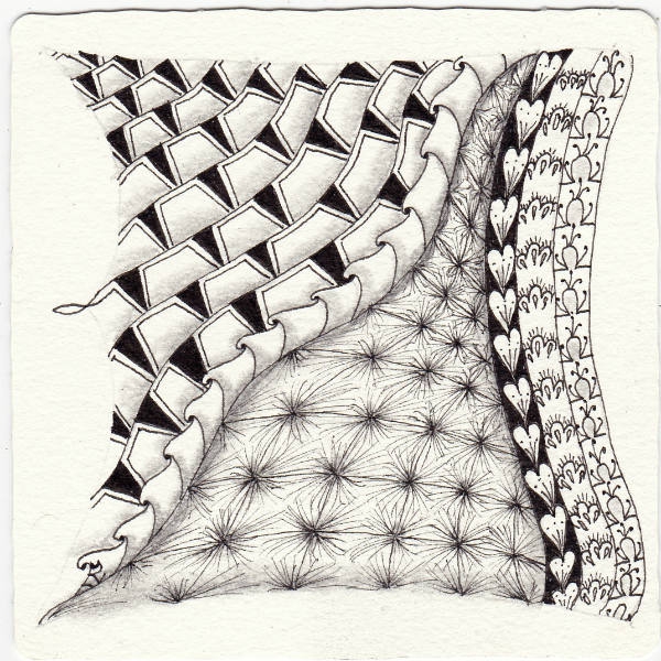 Ein Zentangle aus den Mustern Ciceron, Dragonair, Persian Borders, Shing gezeichnet von Ela Rieger, CZT