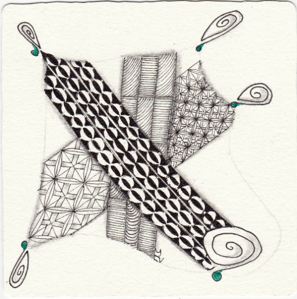 Ein Zentangle aus den Mustern Crux, Iffy, Persian Cat, Zixts gezeichnet von Ela Rieger, CZT