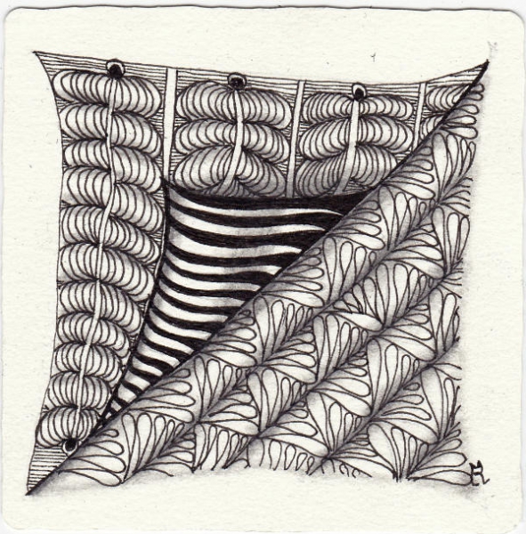 Ein Zentangle aus den Mustern Comb, Ditto, Jailed Johnny, Page Curl V1 gezeichnet von Ela Rieger, CZT