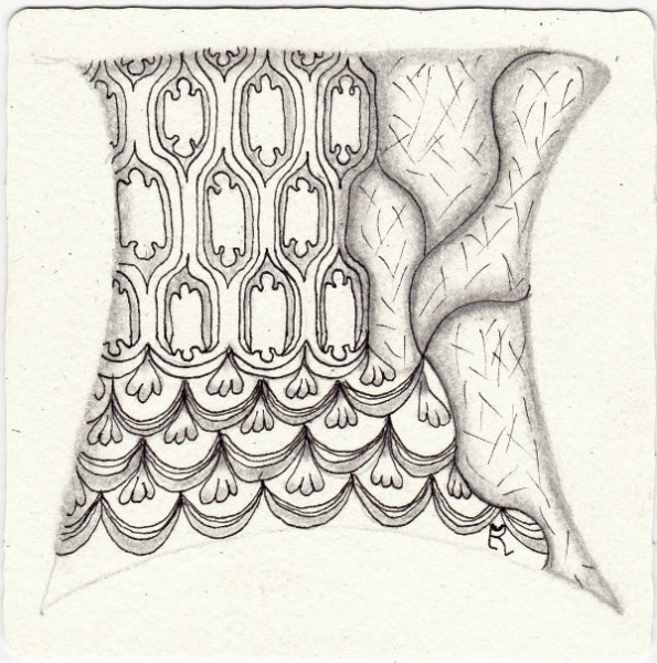 Ein Zentangle aus den Mustern Cayke, Nave, PigPen,  gezeichnet von Ela Rieger, CZT