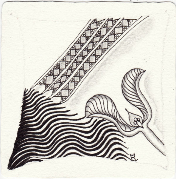 Ein Zentangle aus den Mustern Bloss 1, Dutch Hourglass, Wavy Comb,  gezeichnet von Ela Rieger, CZT