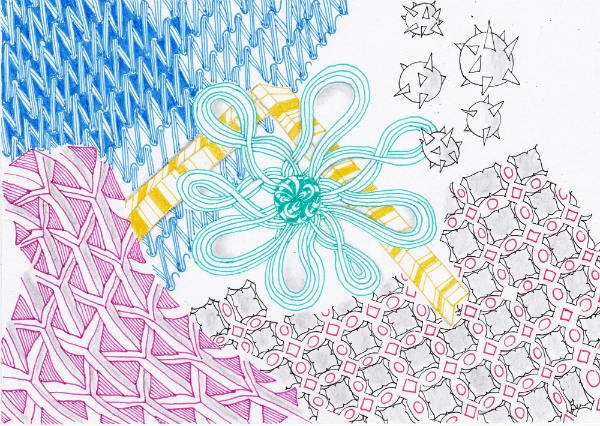 Zentangle inspiered Art mit den Mustern Etcher, Crobe, Curly Brace, Brace und Pea-Nuckle, gezeichnet von Ela Rieger