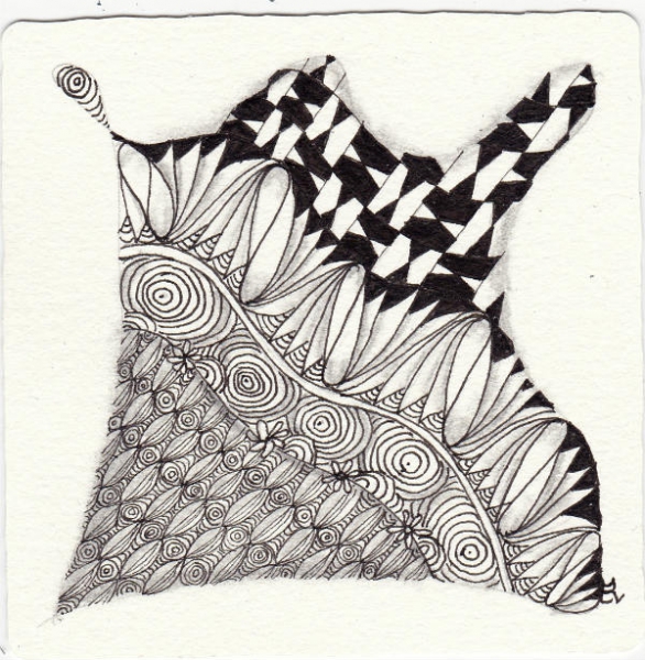 Ein Zentangle aus den Mustern Hastate V2, Ish, Rokpool, Tacks gezeichnet von Ela Rieger, CZT
