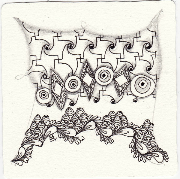 Ein Zentangle aus den Mustern Apiary, Cyrano, Meydum, Teardrop border gezeichnet von Ela Rieger, CZT