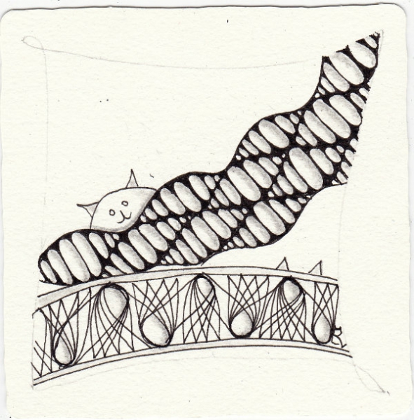 Ein Zentangle aus den Mustern Hastate, Kitty, Orbs-La-Dee,  gezeichnet von Ela Rieger, CZT
