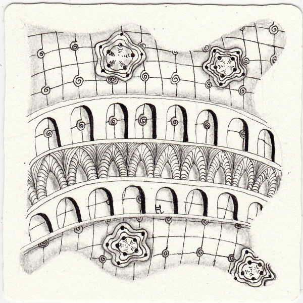 Ein Zentangle aus den Mustern Archer, Axlexa, C-Bun, Pont Du Gard gezeichnet von Ela Rieger, CZT