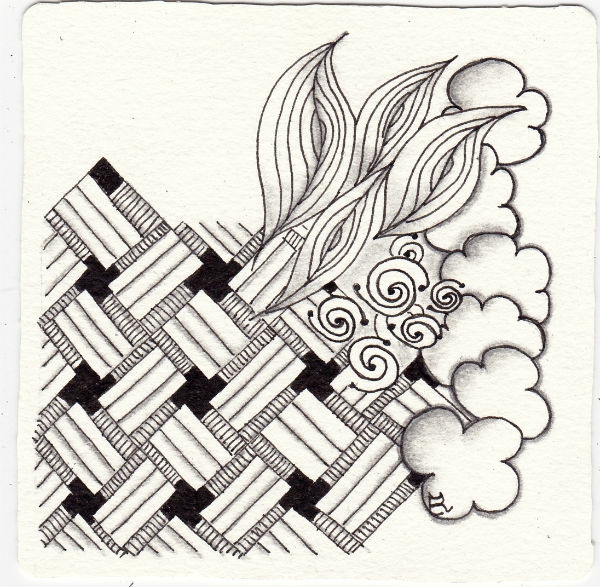 Ein Zentangle aus den Mustern Aura-Leah, DL Nebula, Strung Cornz, Wisket gezeichnet von Ela Rieger, CZT