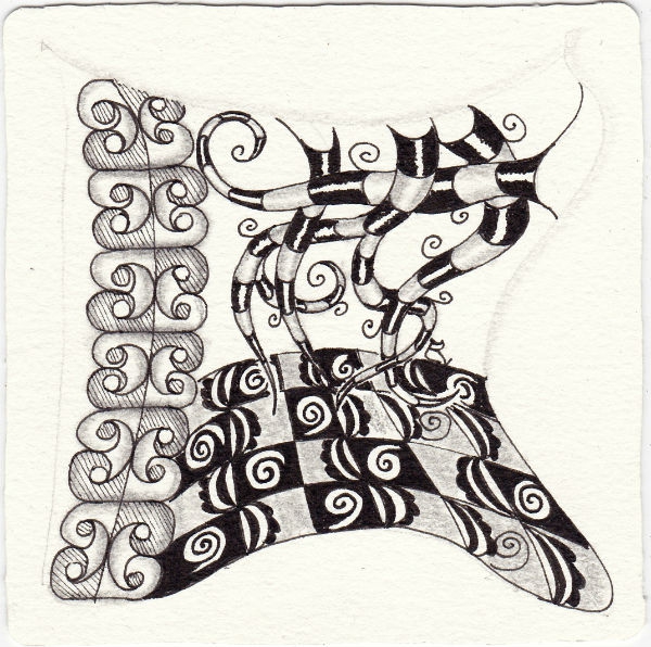 Ein Zentangle aus den Mustern BTL Joos, Camelia, Susa,  gezeichnet von Ela Rieger, CZT