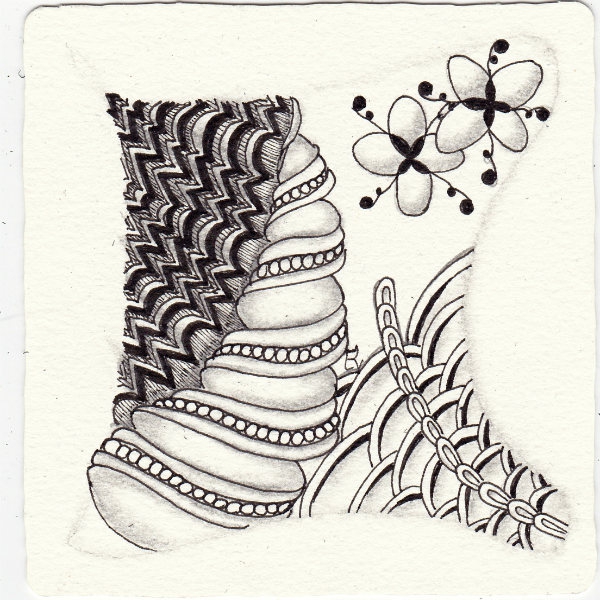 Ein Zentangle aus den Mustern Narwal, Parch, Quoval, Zazi gezeichnet von Ela Rieger, CZT