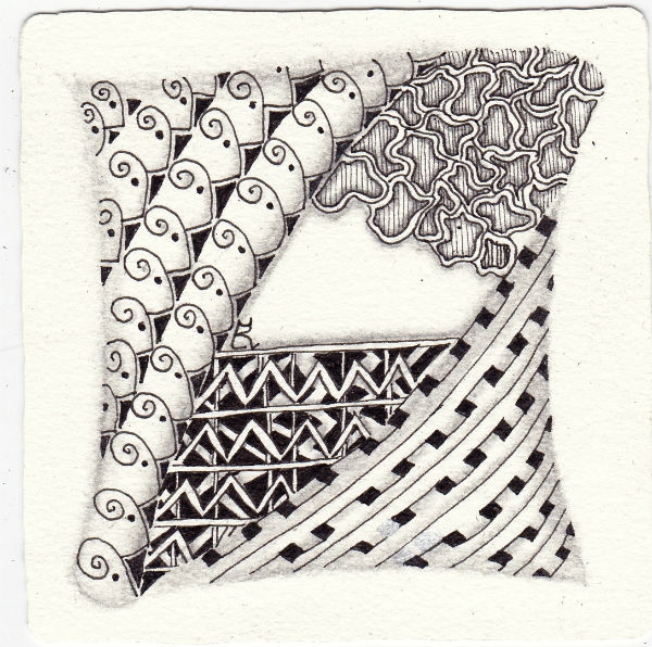 Ein Zentangle aus den Mustern Birds on a Wire, Vache 1, Weben, Ziggi gezeichnet von Ela Rieger, CZT