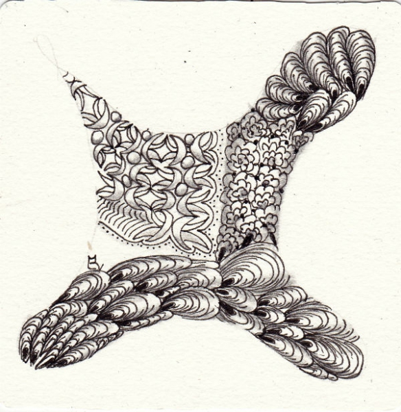 Ein Zentangle aus den Mustern Ziggi, Fluff, Zen-ex, gezeichnet von Ela Rieger, CZT