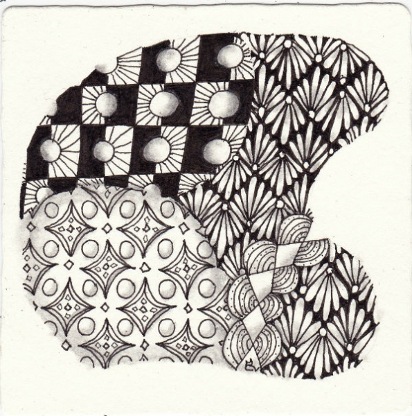 Ein Zentangle aus den Mustern Circo, Jeewels, Lanie, Night N Day gezeichnet von Ela Rieger, CZT