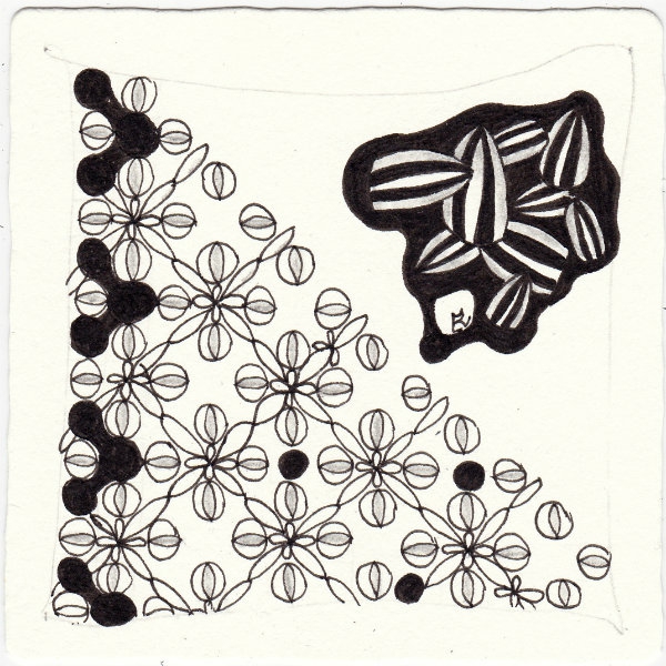 Ein Zentangle aus den Mustern Boss, Dumbellz, Florem,  gezeichnet von Ela Rieger, CZT