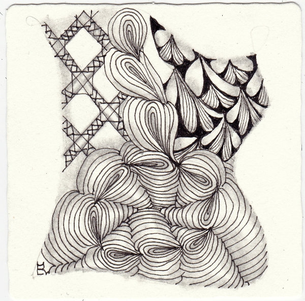 Ein Zentangle aus den Mustern Dervish, Pufcookie, Victile,  gezeichnet von Ela Rieger, CZT