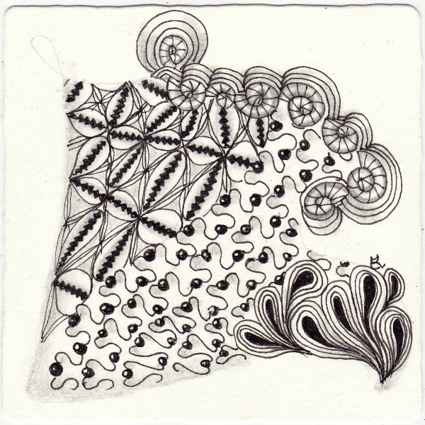 Ein Zentangle aus den Mustern Kaurikunda, Pais, Phirst, Rashell gezeichnet von Ela Rieger, CZT