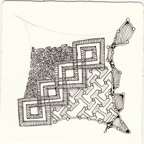 Ein Zentangle aus den Mustern ACDC, Bridgen, Montagne, Stone Ware  gezeichnet von Ela Rieger, CZT