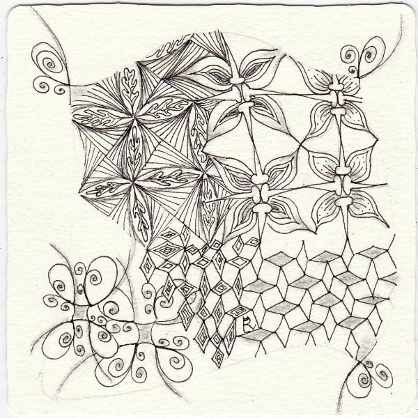 Ein Zentangle aus den Mustern Ceebee, LOOPLOPP, Slipoff, Xerexez gezeichnet von Ela Rieger, CZT