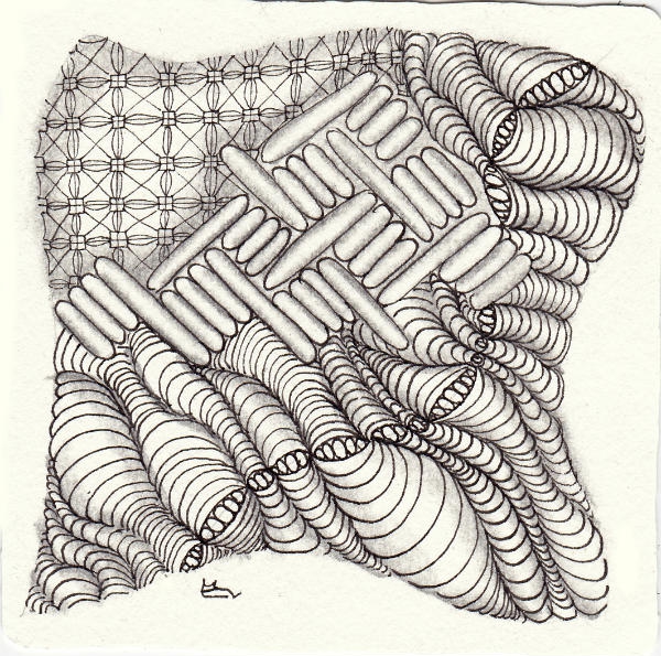 Ein Zentangle aus den Mustern Bobine, Kunstler, Tour, Zikle gezeichnet von Ela Rieger, CZT