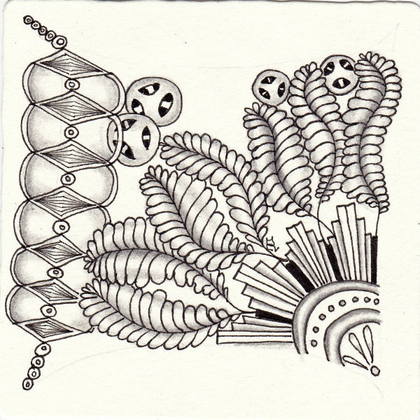 Ein Zentangle aus den Mustern Botania, Decostar, Hitched, Volan gezeichnet von Ela Rieger, CZT